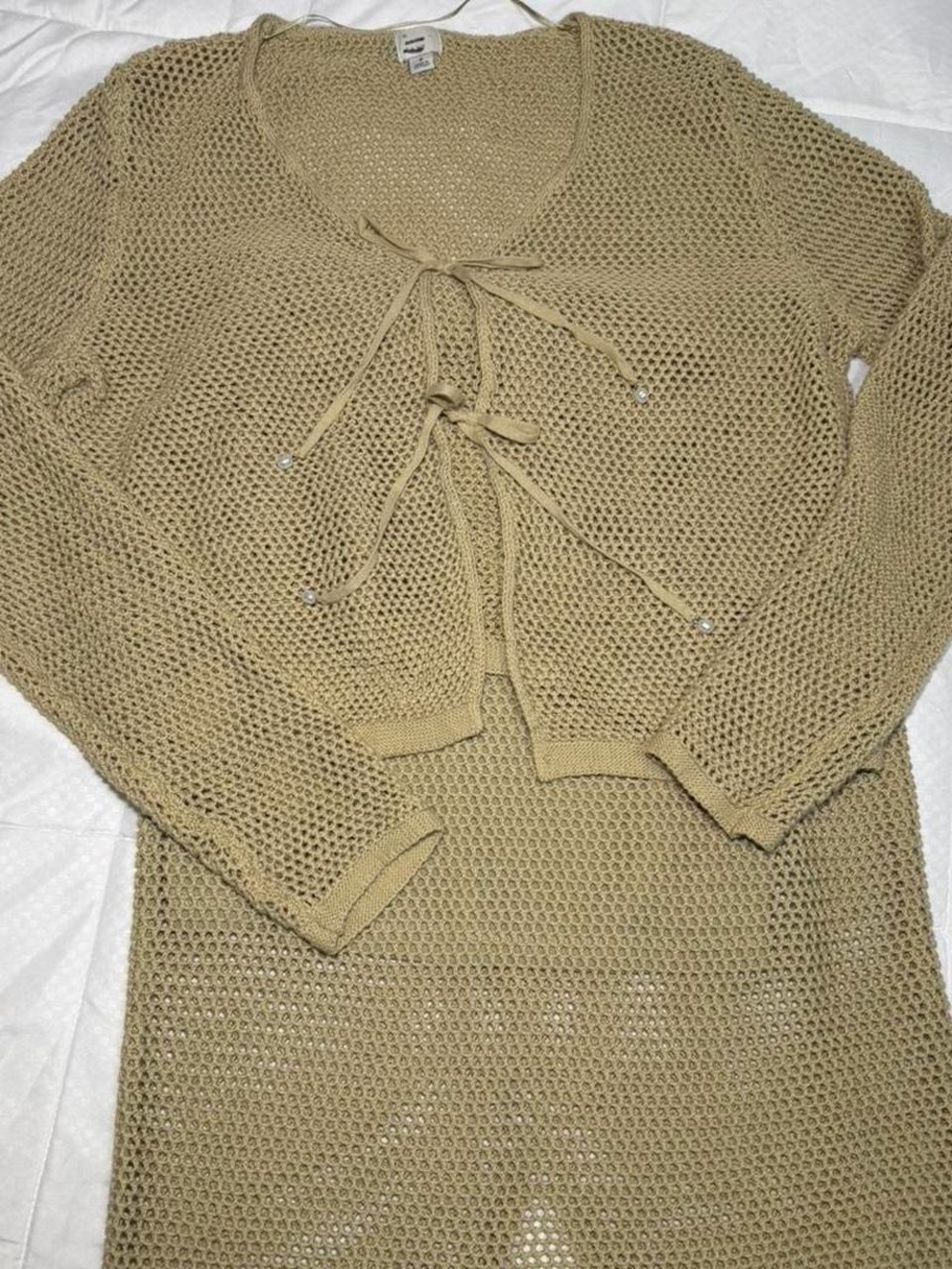 Light Olive Brown Open-Knit Tie-Front Top - Unbranded